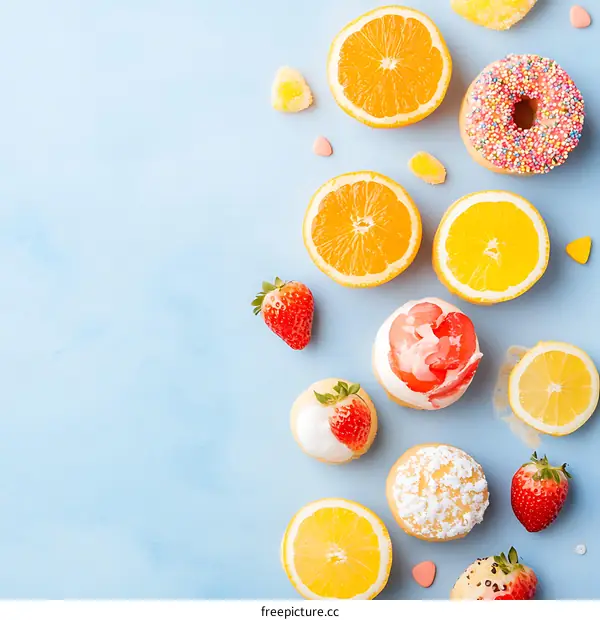 Summer Fruit Donuts and Pastry on a Blue Background