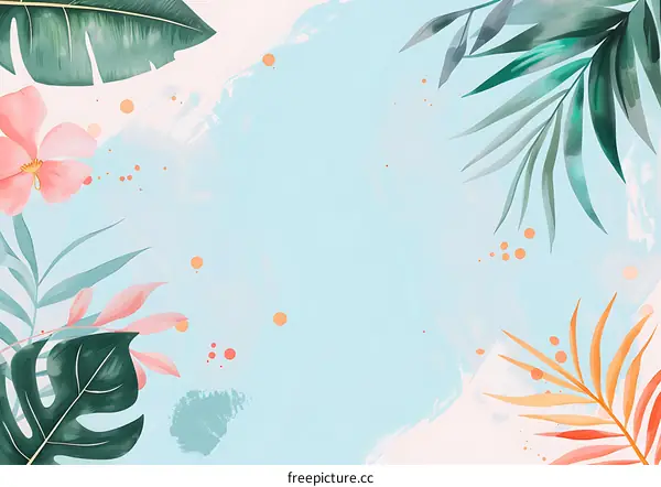 Tropical Watercolor Background with Green Leaves and Pink Flowers