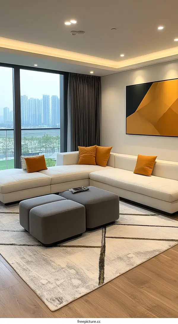 Modern Living Room Interior Design with Beige Carpet