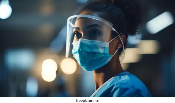 Portrait of a young female doctor wearing a surgical mask and face shield.