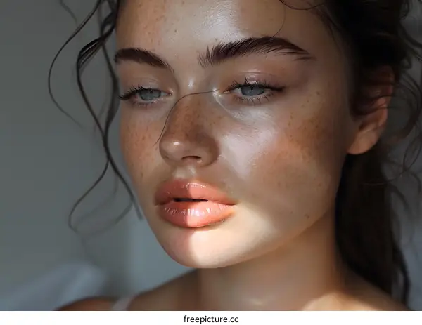 Close Up Portrait of a Woman with Freckles and Blue Eyes