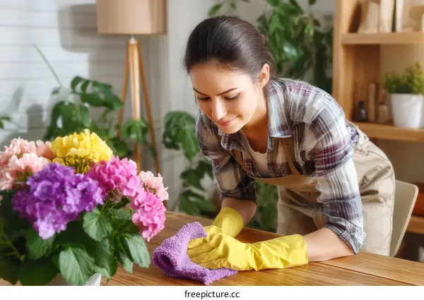 Woman Cleaning Table with Flowers