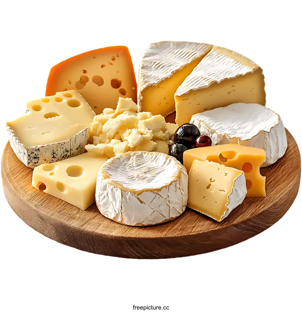 [Transparent Background PNG]Assortment of Different Cheeses on Wooden Board