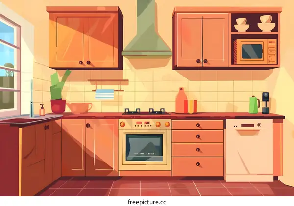 Cartoon Kitchen Interior Design With Cabinets And Appliances