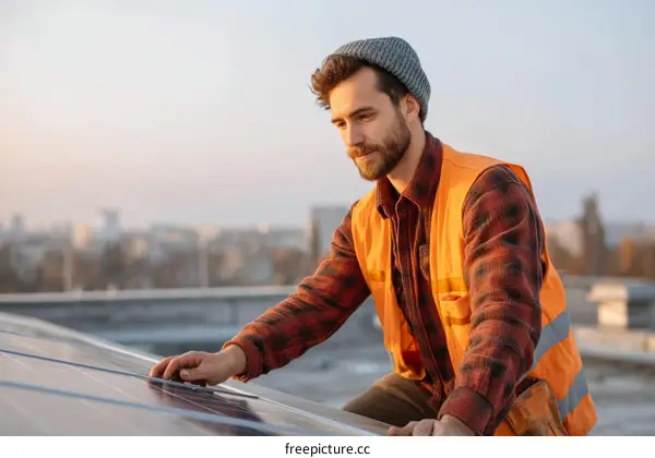 Worker Installing Solar Panels on Rooftop