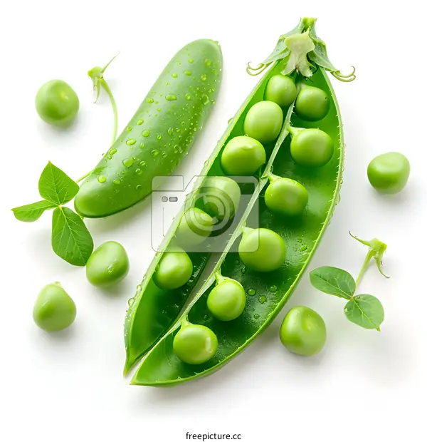 Fresh green peas in pods with leaves