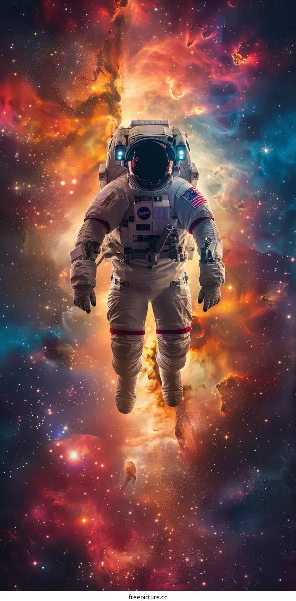 Astronaut in spacesuit with colorful nebula and stars in the background