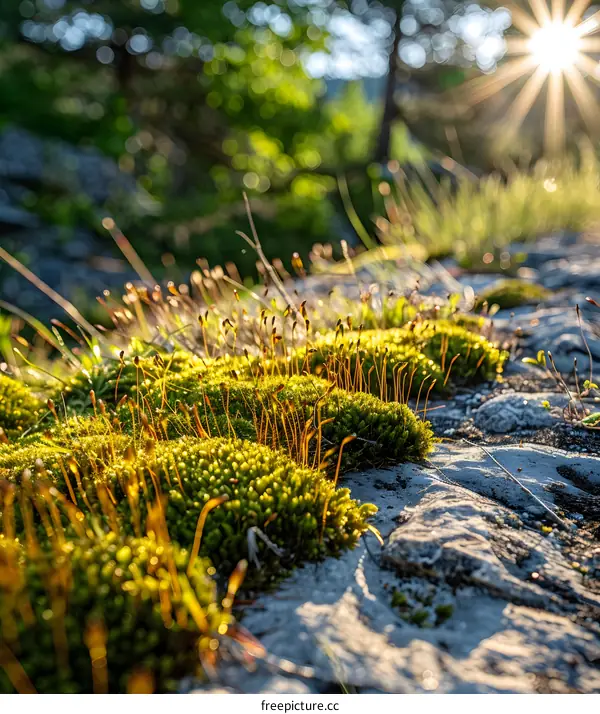 Green Moss On A Stone In The Sunlight
