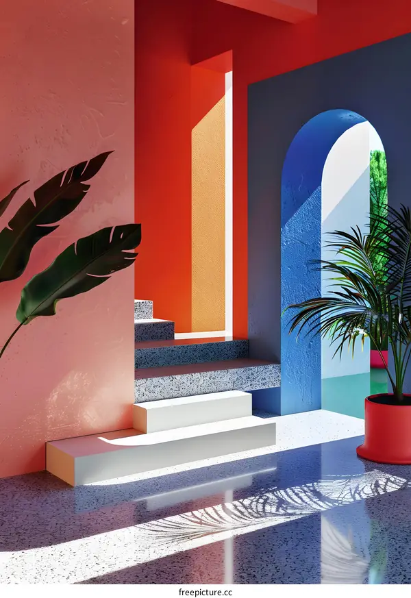 Minimalist Interior Design With Geometric Shapes and Palm Trees