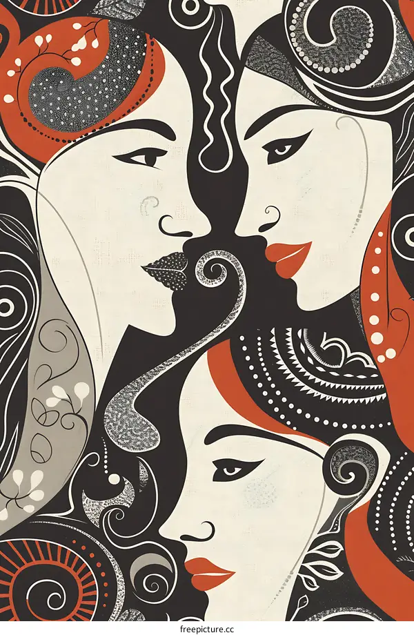 Abstract Art Illustration Of Three Female Faces With Swirls