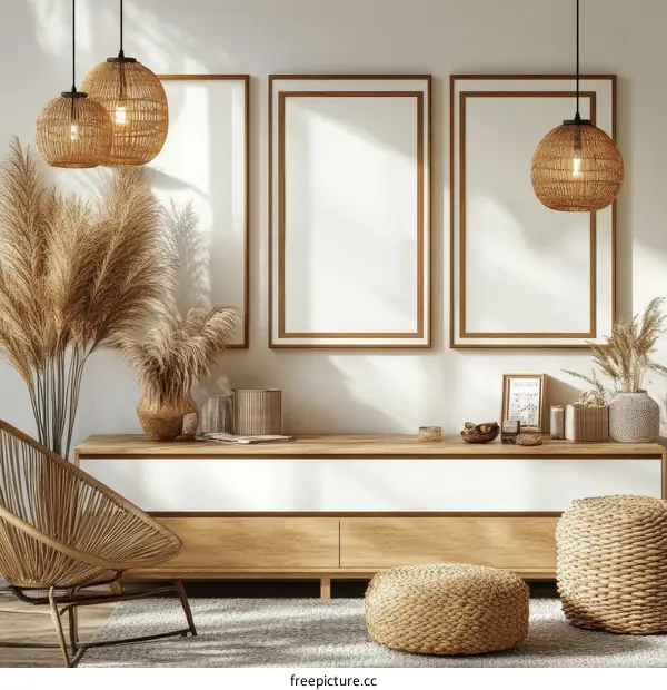 Bohemian Living Room Mockup with Empty Frames