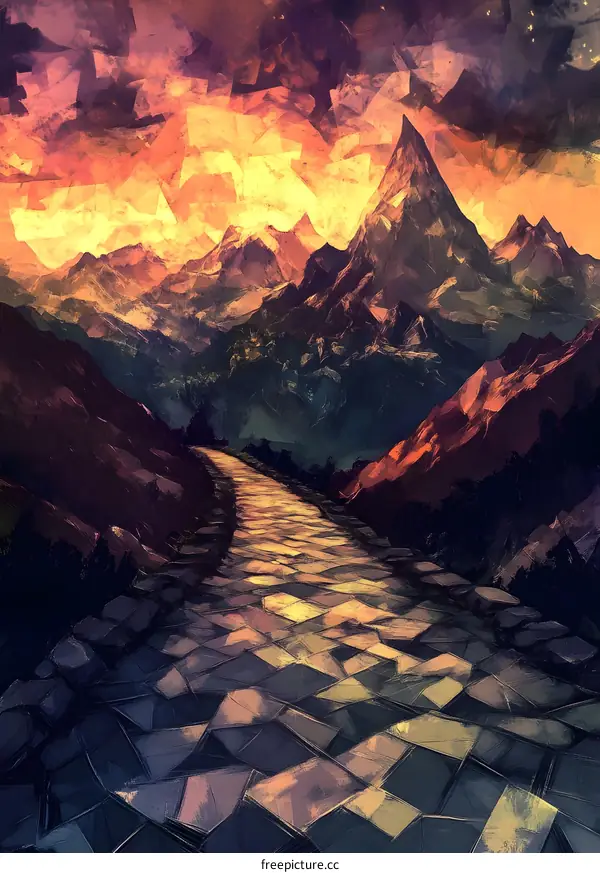Mountain Path to the Summit with Sunset Sky