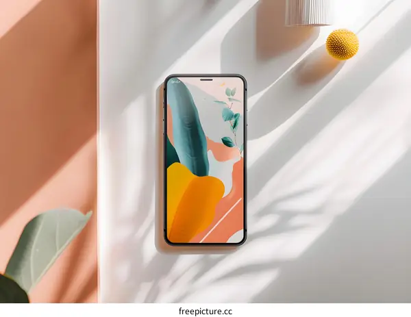 Smartphone with Abstract Pattern Wallpaper on White Surface