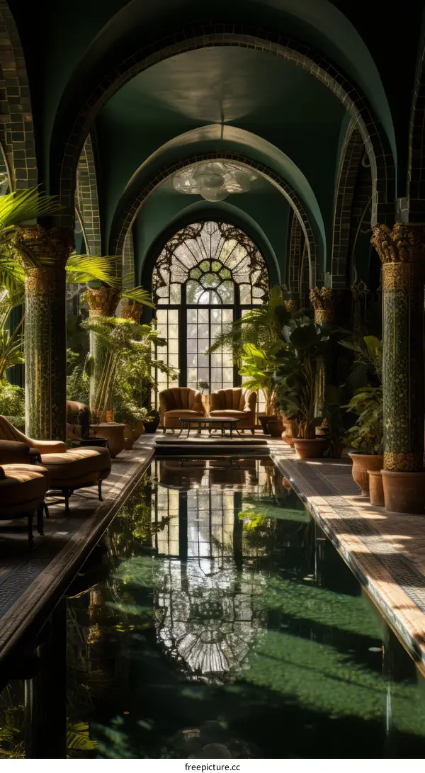Indoor swimming pool with green walls and tiled floor