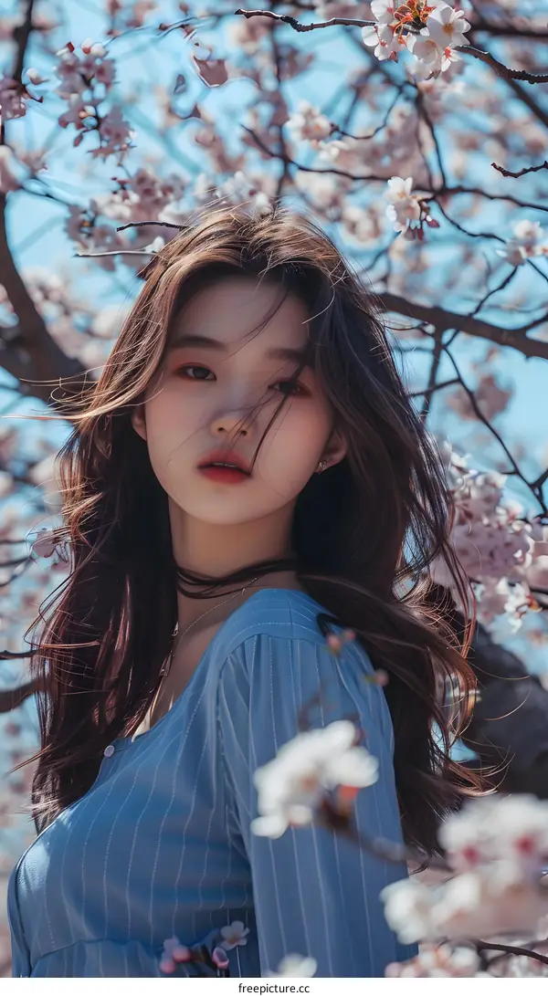 Woman in Blue Shirt Standing in Front of Cherry Blossoms