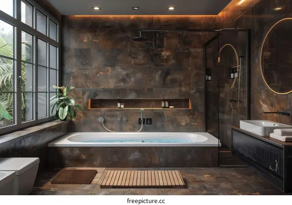 Modern Industrial Style Bathroom with Deep Soaking Tub