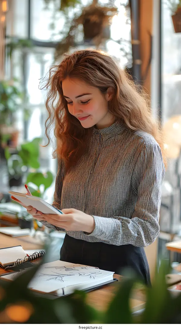 Young Woman Looking at Sketches in a Cafe