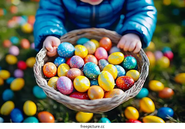 Child Holding Easter Basket with Colorful Eggs