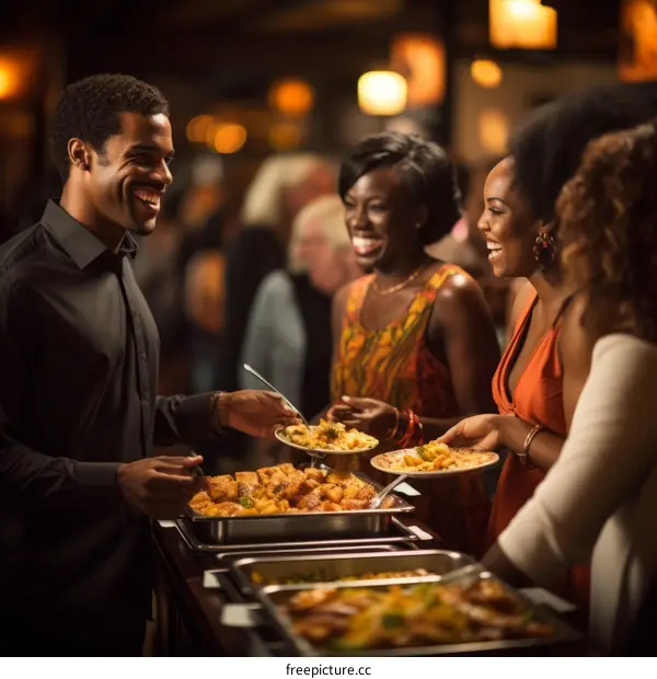 A group of people are enjoying a buffet at a party