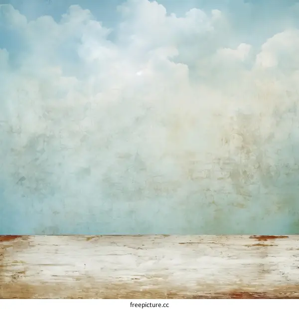 Blue sky and white clouds with grunge wooden table