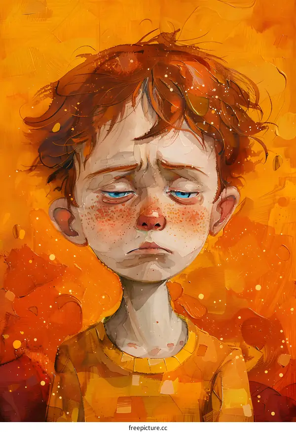 Portrait of a Sad Boy with Red Hair and Freckles