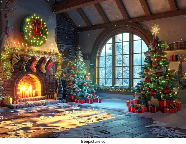 Christmas Living Room Interior with Tree and Fireplace