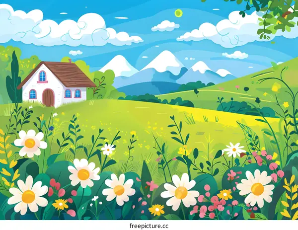 Summertime Countryside Landscape with House and Flowers