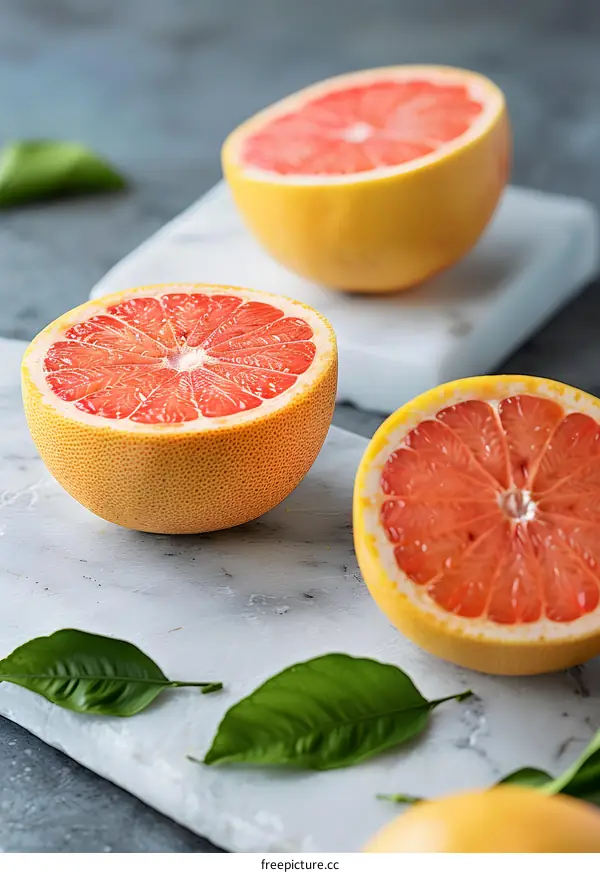Fresh Ripe Grapefruit Halves On White Marble Board