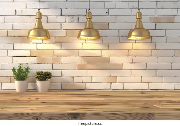 White Brick Wall With Wooden Floor And Hanging Lights