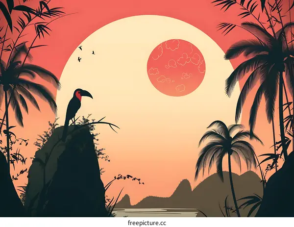Tropical Sunset Landscape with Toucan