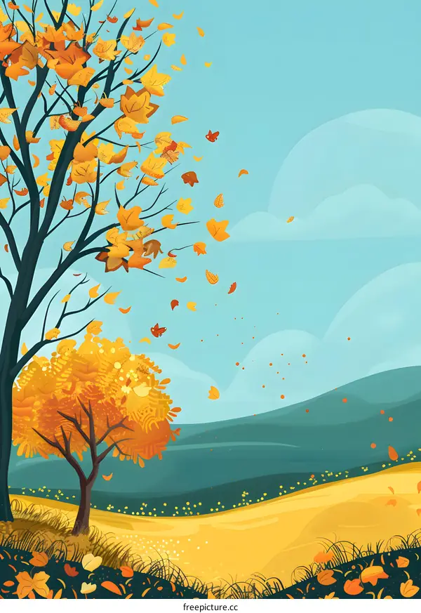 Autumn Landscape With Falling Leaves and Trees