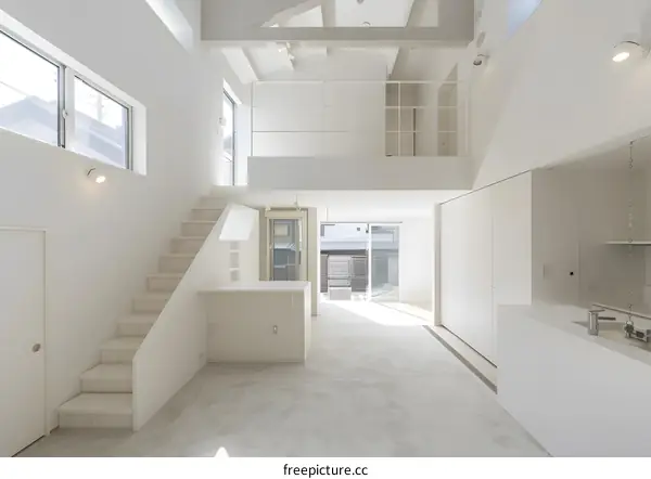 Minimalist White Interior Design of Modern Home with Staircase and Loft