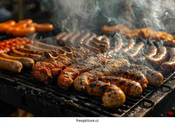 A variety of sausages and meats are being grilled on a barbecue.