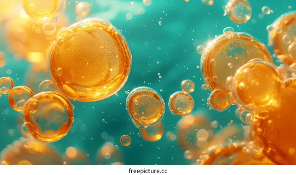 Amber bubbles floating in blue liquid