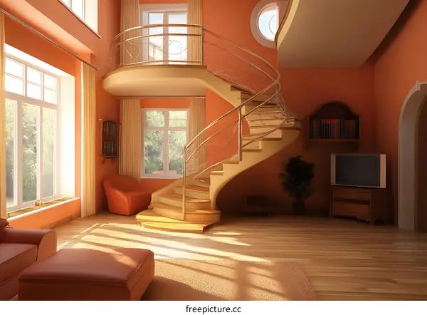 Modern Living Room with Spiral Staircase and Large Windows