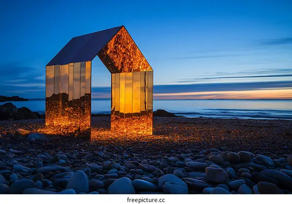 Golden House on a Pebble Beach at Sunset