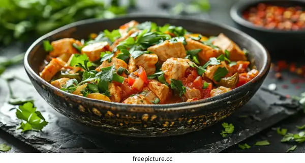 Chicken stew with vegetables and spices in a bowl