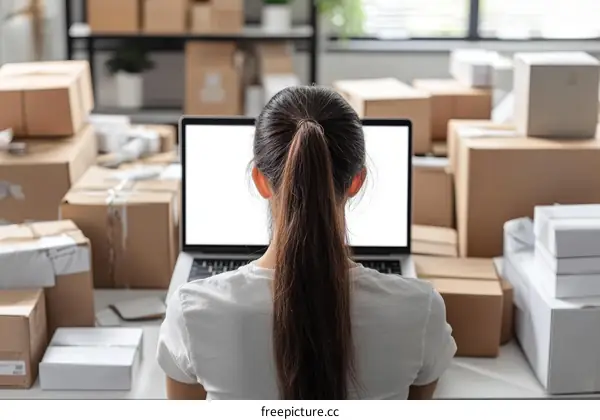 Woman Working from Home with Packages