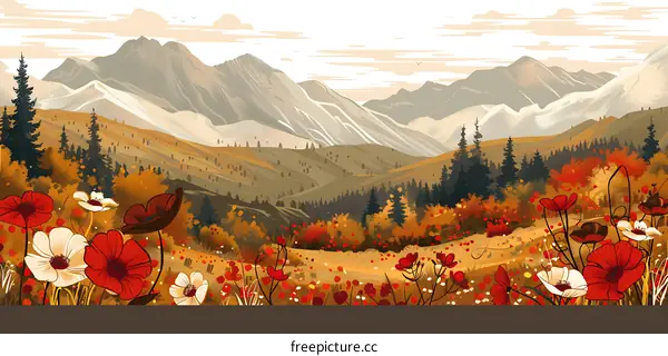 Autumn Mountain Landscape With Red Flowers