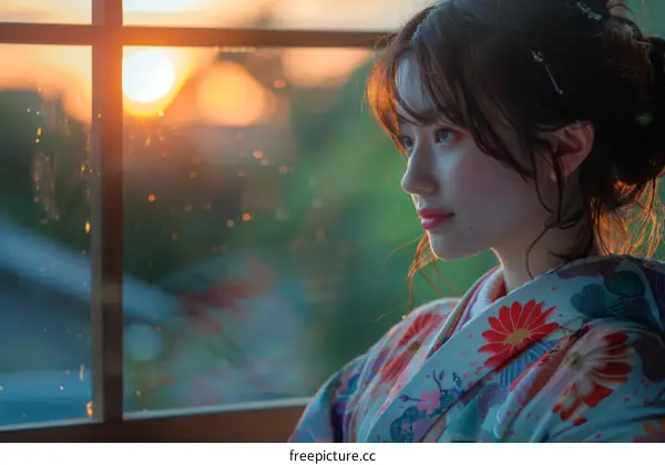 Portrait of a young woman in a kimono looking out the window at sunset