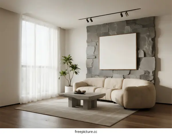 Modern Living Room with Stone Accent Wall and Sofa