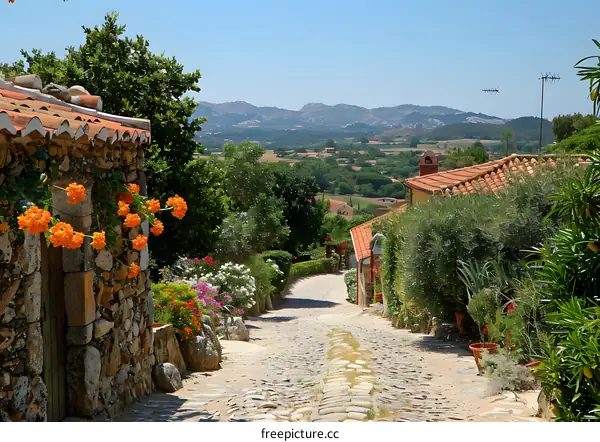 A narrow stone street in a small village with colorful flowers and greenery on both sides