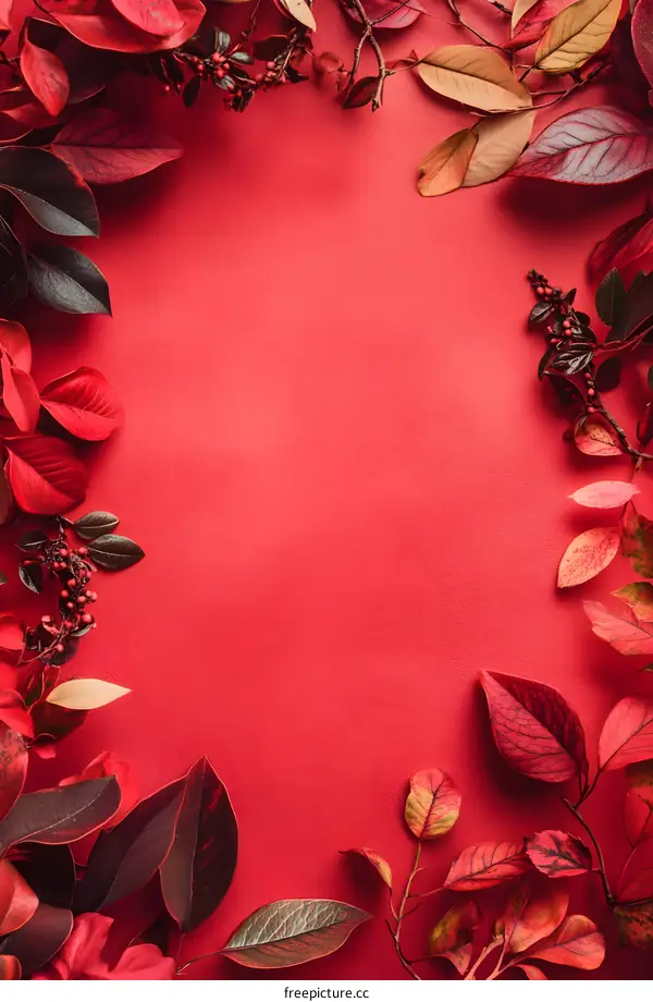 Red Background with Autumn Leaves Frame