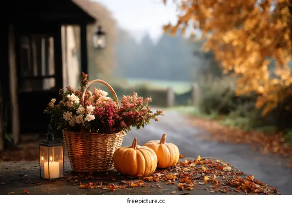 Autumn Harvest Still Life with Pumpkins and Flowers