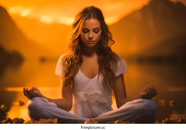 Young woman in meditation pose at sunset near the lake