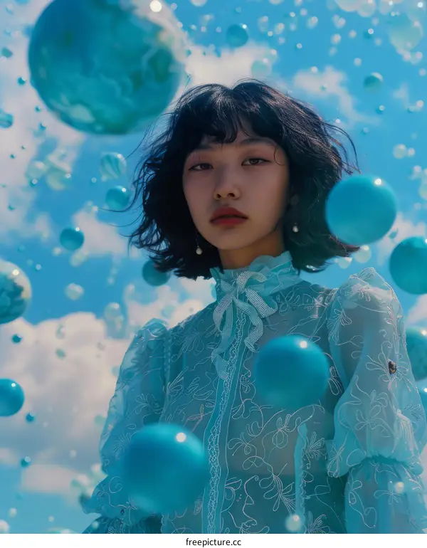 Woman in a Field of Blue Bubbles