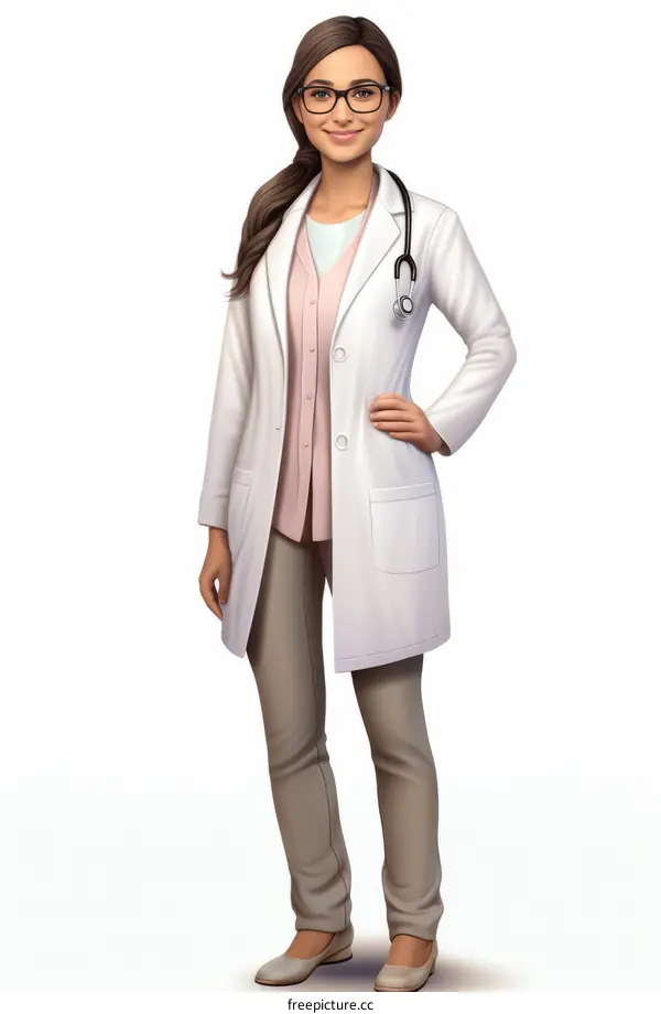 A female doctor in a white coat and stethoscope around her neck