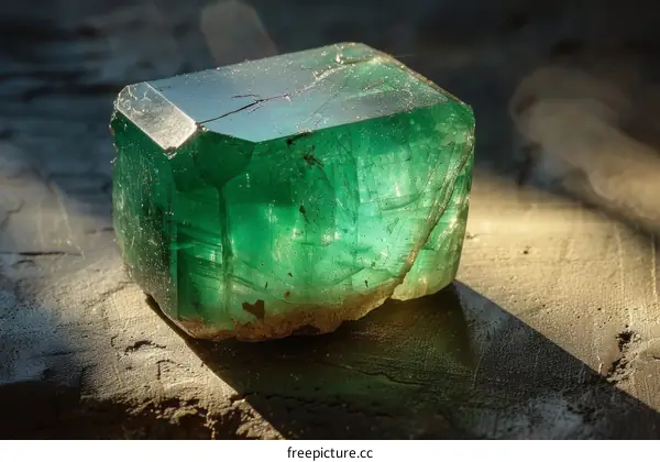 Rough emerald crystal with visible internal fractures under sunlight