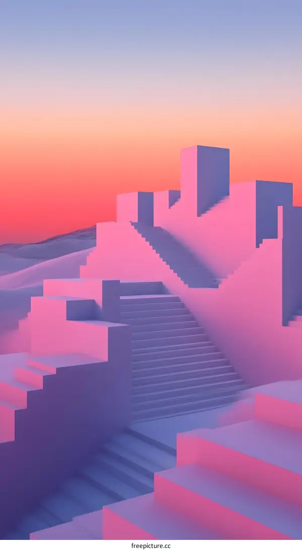 Abstract Purple and Pink Geometric Stairs in a 3D Render