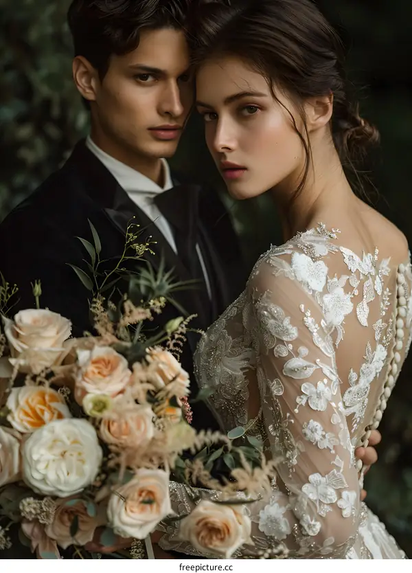 A bride and groom pose for their wedding photos.